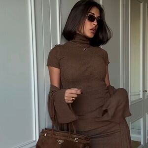 Brown Knit Turtleneck Midi Dress with Matching Cardigan